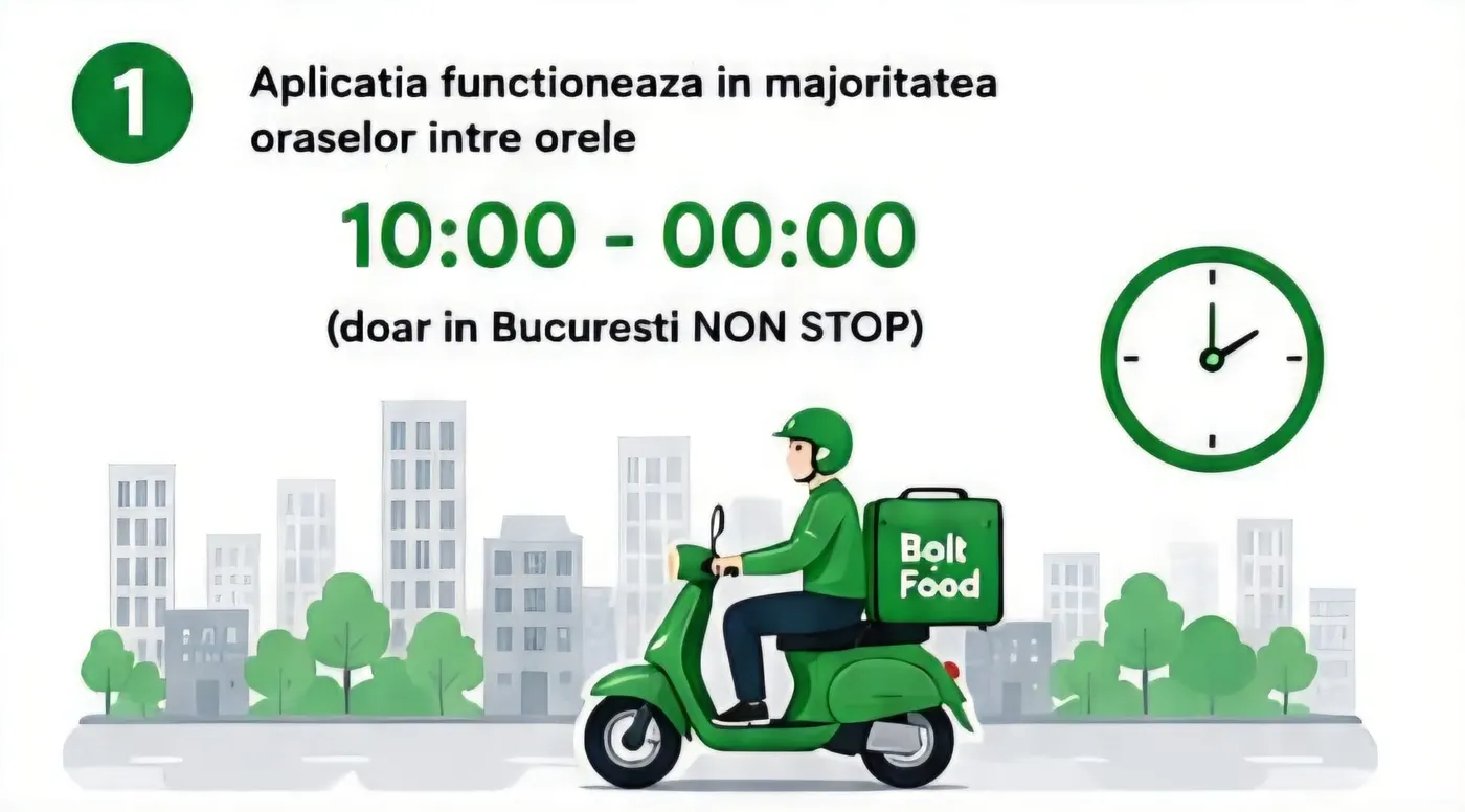 Aplicația Bolt Food funcționează între orele 10:00-00:00 (non stop doar în București)