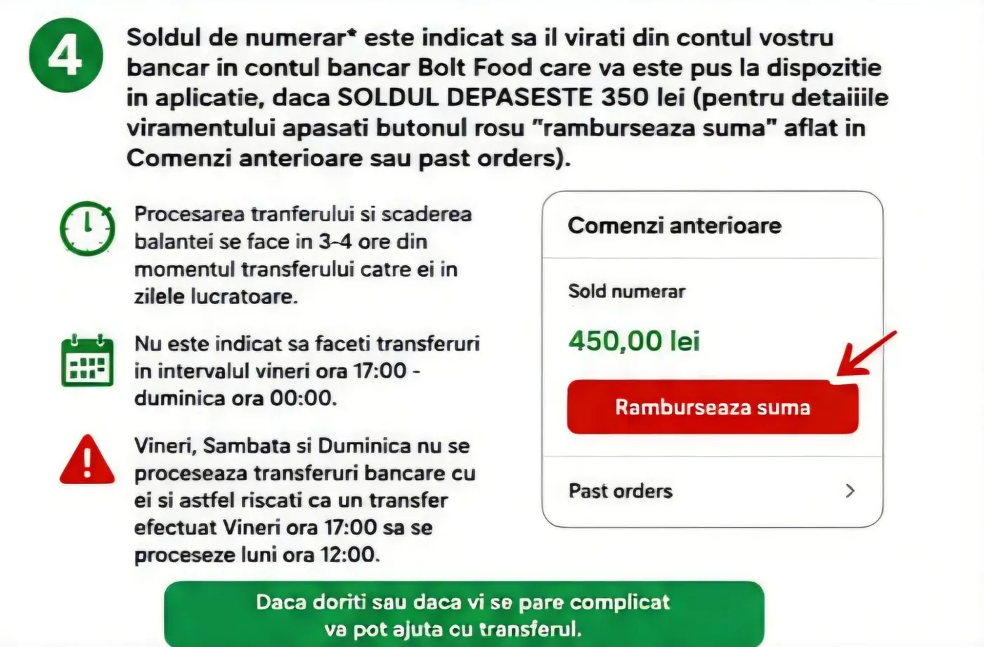 Soldul de numerar peste 350 lei se virează către contul bancar Bolt Food din butonul Ramburseaza suma