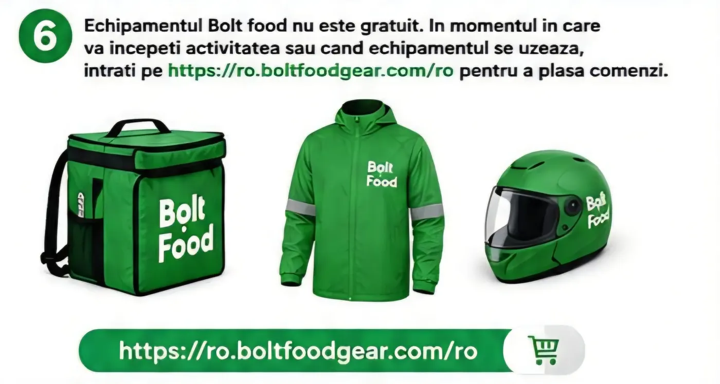 Echipamentul Bolt Food (geantă, geacă, cască) se comandă contra cost pe ro.boltfoodgear.com/ro