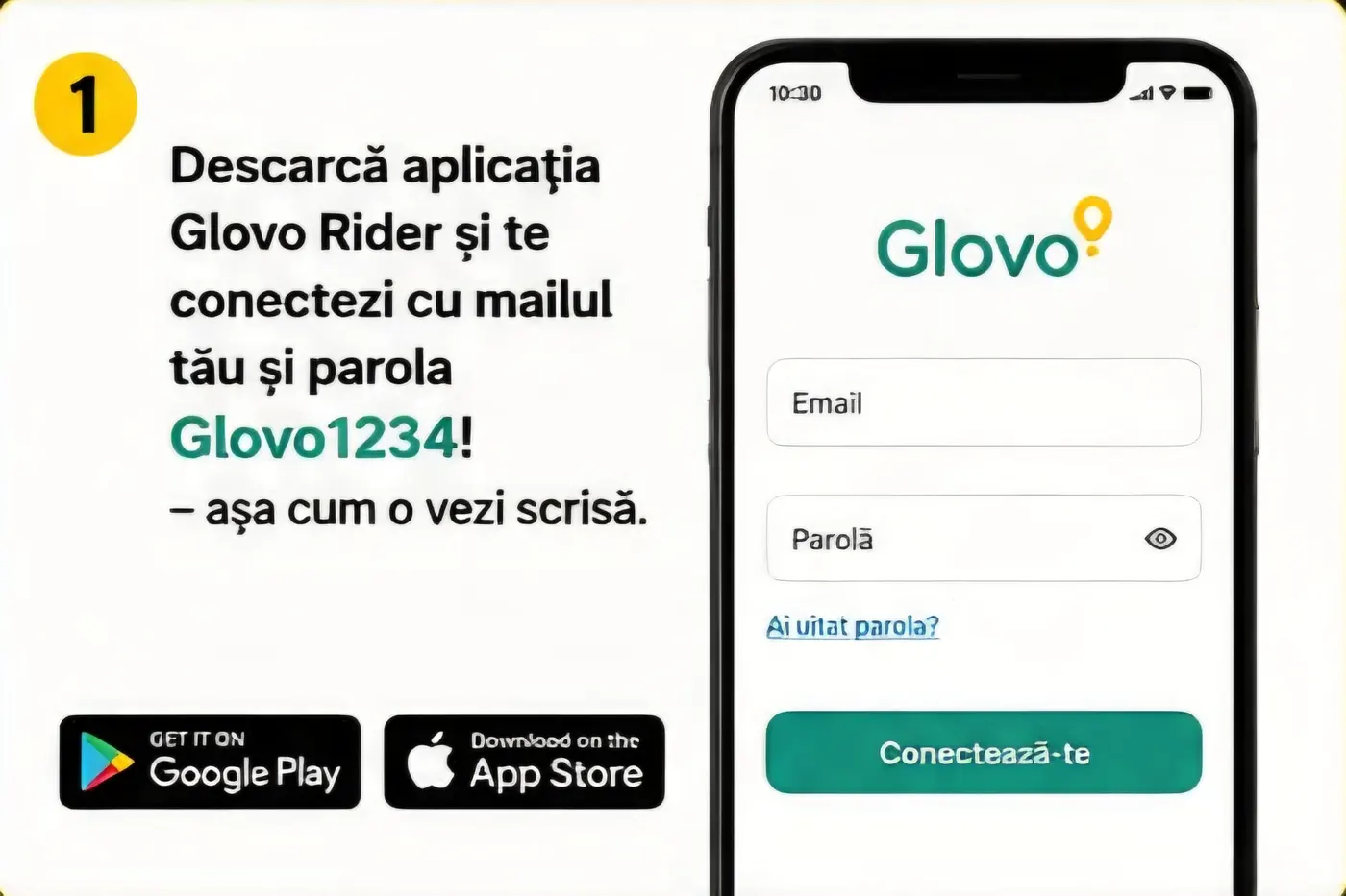 Descarcă aplicația Glovo Rider și conectează-te cu mailul și parola primite