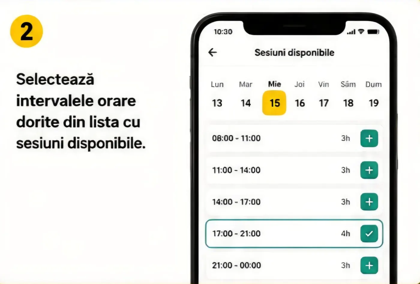 Selectează intervalele orare dorite din lista cu sesiuni disponibile
