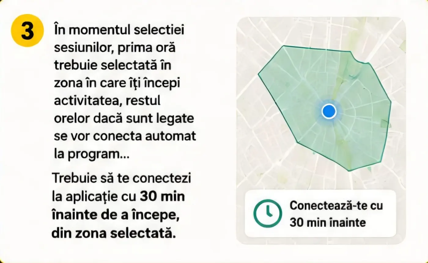 Selectează zona de start și conectează-te cu 30 de minute înainte de începerea intervalului rezervat