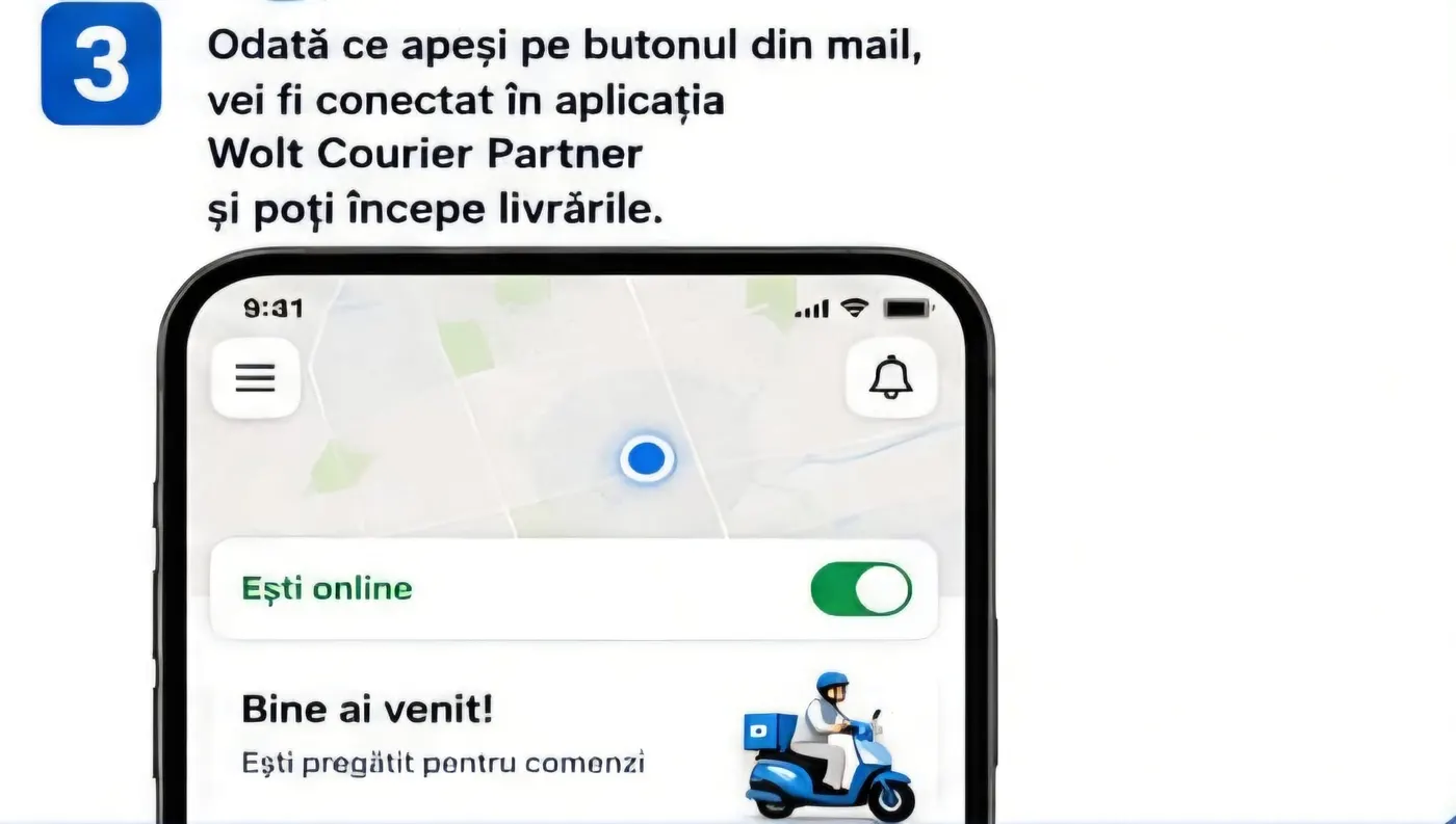 Odată apăsat butonul din mail, ești conectat în Wolt Courier Partner și poți începe livrările